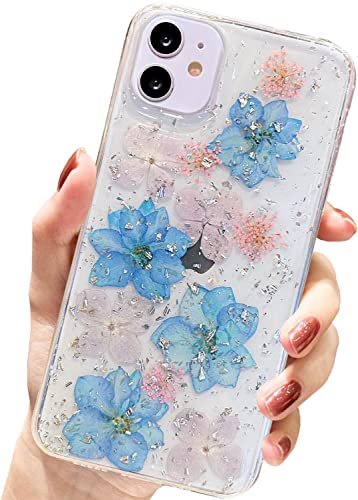 AMART für iPhone 11 Hülle Blumen, Durchsichtig Echte Getrocknete Blumen HandyHülle Klare Transparente Glitzer Aesthetic Weich Silikon Frauen Mädchen Schutzhülle für iPhone 11(6,1"NUR)(Hell Blau) von AMART