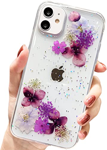 AMART für iPhone 11 Hülle Blumen, Durchsichtig Echte Getrocknete Blumen HandyHülle Klare Transparente Glitzer Design Weich Silikon TPU Frauen Mädchen Schutzhülle für iPhone 11(6,1"NUR)(Lila Blume) von AMART