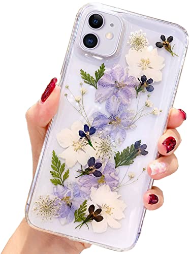 AMART für iPhone 11 Hülle Blumen, Durchsichtig Echte Getrocknete Blumen HandyHülle Klare Transparente Lila Blumen Weich Silikon TPU Frauen Mädchen Schutzhülle für iPhone 11(6,1"NUR)(Navy Blume) von AMART