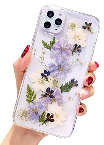 AMART für iPhone 11 Pro Hülle Blumen, Durchsichtig Echte Getrocknete Blumen HandyHülle Klare Glitzer Aesthetic Weich Silikon Frauen Mädchen Schutzhülle für iPhone 11 Pro(Navy Blume) von AMART