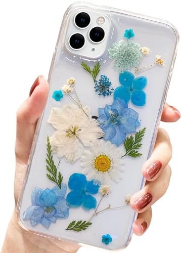 AMART für iPhone 11 Pro Hülle Blumen,Durchsichtig Echte Getrocknete Blumen HandyHülle Transparente Flower Design Weich Silikon TPU Frauen Mädchen Schutzhülle für iPhone 11 Pro(Elegant Blue) von AMART