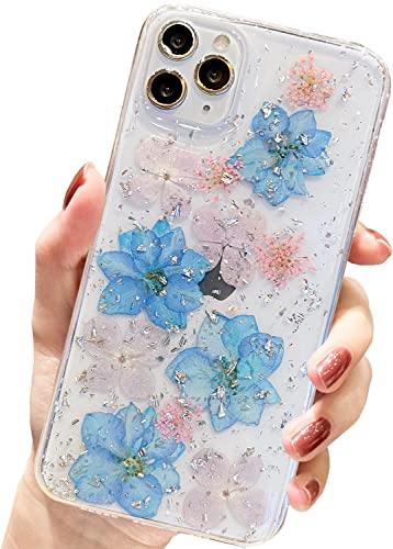 AMART für iPhone 11 Pro Hülle Blumen,Durchsichtig Echte Getrocknete Blumen HandyHülle Transparente Flower Design Weich Silikon TPU Frauen Mädchen Schutzhülle für iPhone 11 Pro(Hell Blau) von AMART