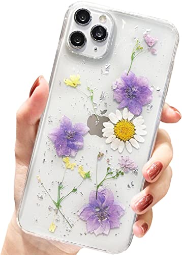 AMART für iPhone 11 Pro Max Hülle Blumen, Durchsichtig Echte Getrocknete Blumen HandyHülle Klare Glitzer Aesthetic Weich Silikon Schutzhülle für iPhone 11 Pro Max(6,5"NUR)(3 Blaue Blume) von AMART