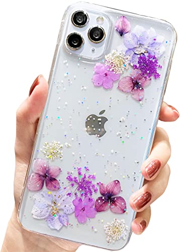 AMART für iPhone 11 Pro Max Hülle Blumen, Durchsichtig Echte Getrocknete Blumen HandyHülle Klare Glitzer Aesthetic Weich Silikon Schutzhülle für iPhone 11 Pro Max(6,5"NUR)(Lila Blume) von AMART