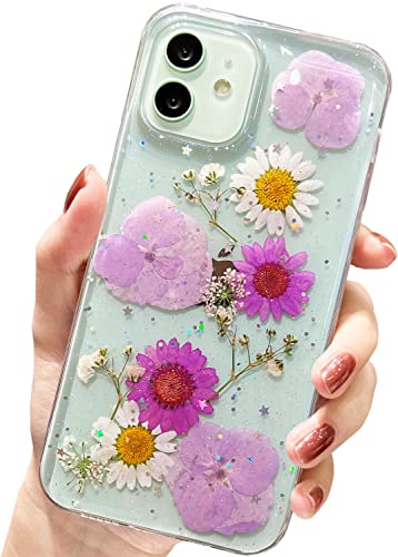 AMART für iPhone 12/ iPhone 12 Pro Hülle Blumen, Durchsichtig Echte Getrocknete Blume HandyHülle Klar Glitzer Weich Silikon Frauen Mädchen Schutzhülle für iPhone 12/12 Pro(6,1"NUR)(Glitzer Lila) von AMART