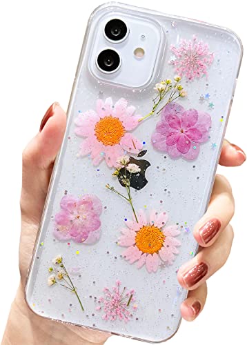 AMART für iPhone 12/ iPhone 12 Pro Hülle Blumen, Durchsichtig Echte Getrocknete Blume HandyHülle Klar Glitzer Weich Silikon Frauen Mädchen Schutzhülle für iPhone 12/12 Pro(6,1"NUR)(Glitzer Rosa Lila) von AMART