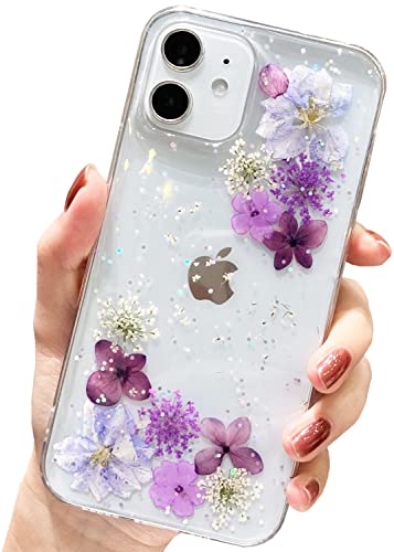 AMART für iPhone 12/ iPhone 12 Pro Hülle Blumen, Durchsichtig Echte Getrocknete Blume HandyHülle Transparente Glitzer Weich Silikon Frauen Mädchen Schutzhülle für iPhone 12/12 Pro(6,1"NUR)(Lila blume) von AMART