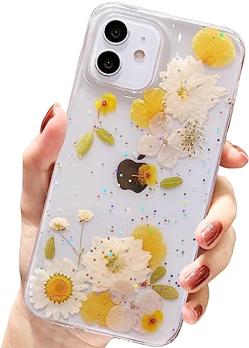 AMART für iPhone 12/ iPhone 12 Pro Hülle Blumen, Durchsichtig Echte Getrocknete Blumen HandyHülle Klare Glitzer Weich Silikon Frauen Mädchen Schutzhülle für iPhone 12/12 Pro(6,1")(Glitter Yellow) von AMART