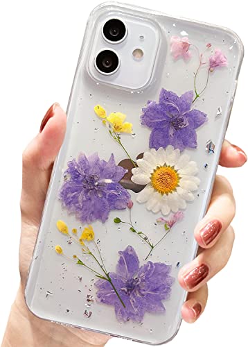 AMART für iPhone 12 Mini Hülle Blumen, Durchsichtig Echte Getrocknete Blumen HandyHülle Klare Glitzer Aesthetic Weich Silikon Mädchen Schutzhülle für iPhone 12 Mini (5,4"NUR)(3 Blaue Blume) von AMART