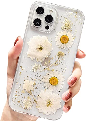 AMART für iPhone 12 Pro Max Blumen Hülle,Klare Echte Getrocknete Blumen HandyHülle Glitzer Durchsichtig Weich Silikon Frauen Mädchen Schutzhülle für iPhone 12 Pro Max 6,7 Zol(Goldene Blume) von AMART