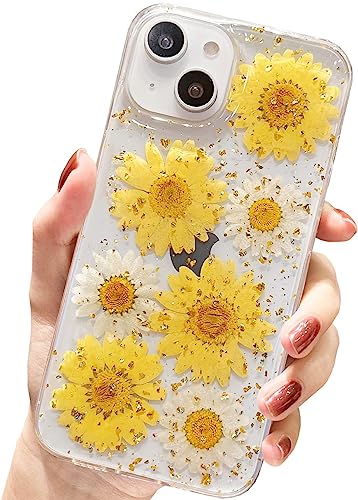 AMART für iPhone 13 Hülle Blumen, Durchsichtig Echte Getrocknete Blumen Daisy HandyHülle Klare Transparent Glitzer Weich Silikon Frauen Mädchen Schutzhülle für iPhone 13(6,1"NUR)(Yellow Daisy) von AMART