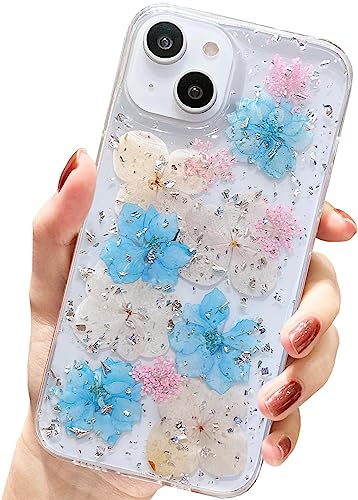 AMART für iPhone 13 Hülle Blumen, Durchsichtig Echte Getrocknete Blumen HandyHülle Klare Glitzer Aesthetic Weich Silikon Frauen Mädchen Schutzhülle für iPhone 13 (6,1"NUR)(Hell Blau) von AMART
