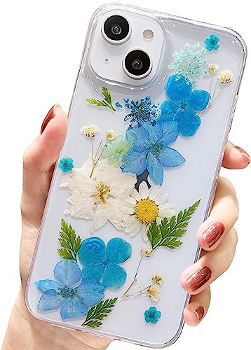 AMART für iPhone 13 Hülle Blumen, Durchsichtig Echte Getrocknete Blumen HandyHülle Transparent Klare Aesthetic Weich Silikon Frauen Mädchen Schutzhülle für iPhone 13(6,1"NUR)(Elegant Blue) von AMART