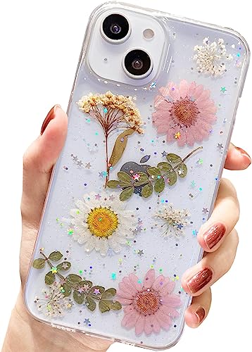 AMART für iPhone 13 Hülle Blumen, Durchsichtig Echte Getrocknete Blumen HandyHülle Transparent Klare Glitzer Aesthetic Weich Silikon Frauen Mädchen Schutzhülle für iPhone 13 (6,1"NUR)(Elegant Pink) von AMART