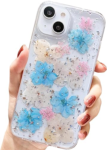 AMART für iPhone 13 Mini Hülle Blumen, Durchsichtig Echte Getrocknete Blumen HandyHülle Klare Glitzer Aesthetic Weich Silikon Mädchen Schutzhülle für iPhone 13 Mini (5,4"NUR)(Hell Blau) von AMART