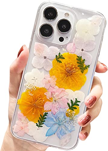 AMART für iPhone 13 Pro Hülle Blumen, Durchsichtig Echte Getrocknete Blumen HandyHülle Klare Aesthetic Weich Silikon Frauen Mädchen Schutzhülle für iPhone 13 Pro(6,1"NUR)(Gelbe Blumen) von AMART