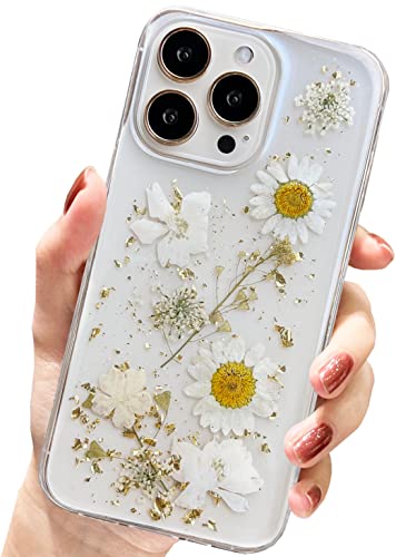 AMART für iPhone 13 Pro Hülle Blumen, Durchsichtig Echte Getrocknete Blumen HandyHülle Klare Glitzer Aesthetic Weich Silikon Frauen Mädchen Schutzhülle für iPhone 13 Pro(6,1"NUR)(Goldene Blume) von AMART