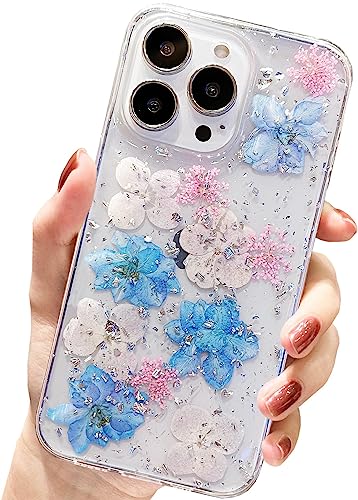 AMART für iPhone 13 Pro Hülle Blumen, Durchsichtig Echte Getrocknete Blumen HandyHülle Klare Glitzer Aesthetic Weich Silikon Frauen Mädchen Schutzhülle für iPhone 13 Pro(6,1"NUR)(Hell Blau) von AMART