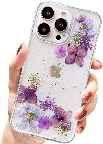 AMART für iPhone 13 Pro Hülle Blumen, Durchsichtig Echte Getrocknete Blumen HandyHülle Klare Glitzer Aesthetic Weich Silikon Frauen Mädchen Schutzhülle für iPhone 13 Pro(6,1"NUR)(Lila Blume) von AMART