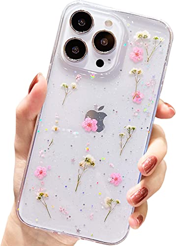 AMART für iPhone 13 Pro Hülle Blumen, Durchsichtig Echte Getrocknete Blumen HandyHülle Klare Glitzer Aesthetic Weich Silikon Frauen Mädchen Schutzhülle für iPhone 13 Pro(6,1"NUR)(Rosa Blumen) von AMART