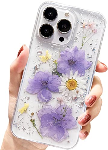AMART für iPhone 13 Pro Max Hülle Blumen, Durchsichtig Echte Getrocknete Blumen HandyHülle Klare Glitzer Aesthetic Weich Silikon Mädchen Schutzhülle für iPhone 13 Pro Max(6,7"NUR)(3 Blaue Blume) von AMART