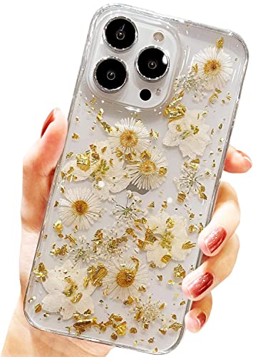 AMART für iPhone 13 Pro Max Hülle Blumen, Durchsichtig Echte Getrocknete Blumen HandyHülle Klare Glitzer Aesthetic Weich Silikon Schutzhülle für iPhone 13 Pro Max(6,7"NUR)(Goldene Gänseblümchen) von AMART