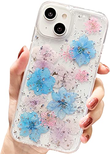 AMART für iPhone 14 Plus Hülle Blumen,Durchsichtig Echte Getrocknete Blumen HandyHülle Klare Glitzer Aesthetic Weich TPU Frauen Mädchen Schutzhülle für iPhone 14 Plus(6,7"NUR)(Hell Blau) von AMART