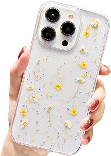 AMART für iPhone 14 Pro Hülle Blumen, Durchsichtig Echte Getrocknete Blumen HandyHülle Klare Glitzer Aesthetic Weich Silikon Frauen Mädchen Schutzhülle für iPhone 14 Pro(Gelb Schleierkraut) von AMART