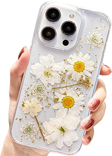 AMART für iPhone 14 Pro Hülle Blumen, Klare Echte Getrocknete Blumen HandyHülle Durchsichtig Glitzer Muster Aesthetic Weich TPU Frauen Mädchen Schutzhülle für iPhone 14 Pro (6,1"NUR)(Gold Blume) von AMART