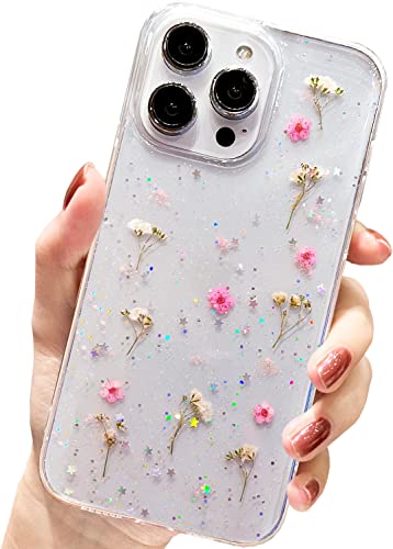 AMART für iPhone 14 Pro Max Hülle Blumen, Durchsichtig Echte Getrocknete Blumen HandyHülle Klare Glitzer Aesthetic Weich Silikon Frauen Mädchen Schutzhülle für iPhone 14 Pro Max(Rosa Schleierkraut) von AMART