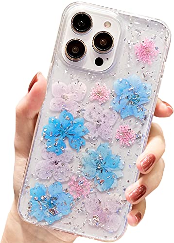 AMART für iPhone 14 Pro Max Hülle Blumen,Durchsichtig Echte Getrocknete Blumen HandyHülle Transparente Flower Design Weich Silikon TPU Frauen Mädchen Schutzhülle für iPhone 14 Pro Max(Hell Blau) von AMART