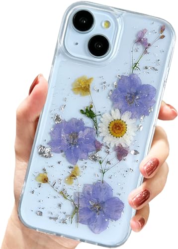 AMART für iPhone 15 Plus Hülle Blumen, Durchsichtig Handyhülle mit Echte Getrocknete Blumen Hülle,Klare mit Glitzer Motiv Weich Silikon Schutzhülle für iPhone 15 Plus(3 Blaue Blume) von AMART