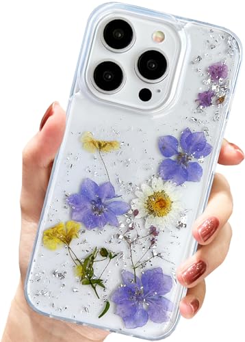 AMART für iPhone 15 Pro Hülle Blumen, Durchsichtig Handyhülle mit Echte Getrocknete Blumen Hülle,Klare mit Glitzer Motiv Weich Silikon Schutzhülle für iPhone 15 Pro(3 Blaue Blume) von AMART