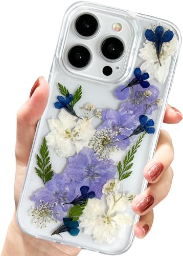 AMART für iPhone 15 Pro Hülle Blumen, Durchsichtig Handyhülle mit Echte Getrocknete Blumen Hülle,Klare mit Glitzer Motiv Weich Silikon Schutzhülle für iPhone 15 Pro(Navy Blumen) von AMART