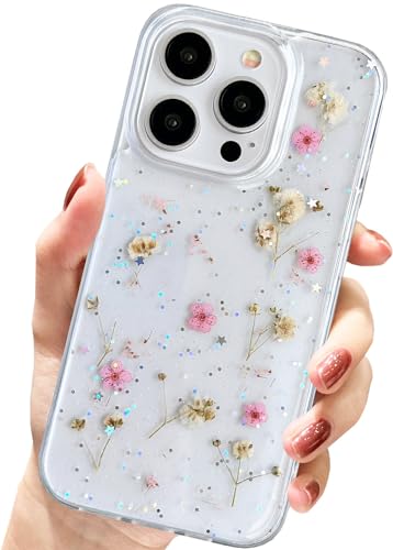 AMART für iPhone 15 Pro Hülle Blumen, Durchsichtig Handyhülle mit Echte Getrocknete Blumen Hülle,Klare mit Glitzer Motiv Weich Silikon Schutzhülle für iPhone 15 Pro(Rosa Schleierkraut) von AMART