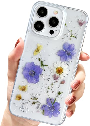 AMART für iPhone 15 Pro Max Hülle Blumen, Durchsichtig Handyhülle mit Echte Getrocknete Blumen Hülle,Klare mit Glitzer Motiv Weich Silikon Schutzhülle für iPhone 15 Pro Max(3 Blaue Blume) von AMART