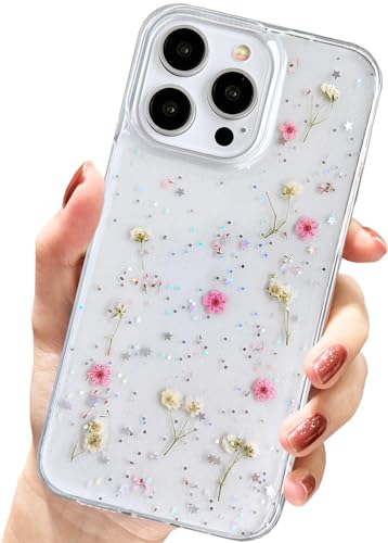 AMART für iPhone 15 Pro Max Hülle Blumen, Durchsichtig Handyhülle mit Echte Getrocknete Blumen Hülle,Klare mit Glitzer Motiv Weich Silikon Schutzhülle für iPhone 15 Pro Max(Rosa Schleierkraut) von AMART