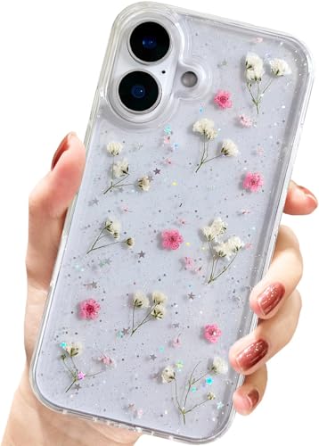 AMART für iPhone 16 Hülle Blumen, Durchsichtig Handyhülle mit Echte Getrocknete Blumen Hülle,Klare mit Glitzer Motiv Weich Silikon Schutzhülle für iPhone 16(Rosa) von AMART
