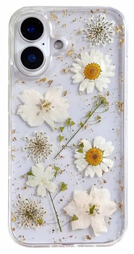 AMART für iPhone 16 Plus Hülle Blumen, Durchsichtig Handyhülle mit Echte Getrocknete Blumen Hülle,Klare mit Glitzer Motiv Weich Silikon Schutzhülle für iPhone 16 Plus(Gold Blume) von AMART