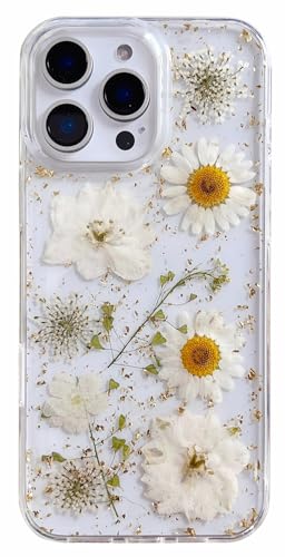 AMART für iPhone 16 Pro Max Hülle Blumen, Durchsichtig Handyhülle mit Echte Getrocknete Blumen Hülle,Klare mit Glitzer Motiv Weich Silikon Schutzhülle für iPhone 16 Pro Max(Gold Blume) von AMART