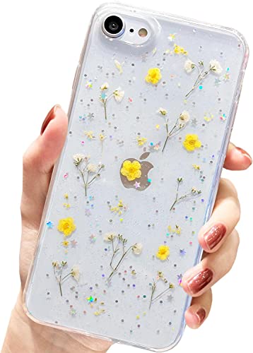 AMART für iPhone SE 2022/SE 2020/iPhone 7/8 Hülle Blumen, Durchsichtig Echte Getrocknete Blumen HandyHülle Gänseblümchen Glitzer Design Weich TPU Schutzhülle für Frauen Mädchen(Gelb Schleierkraut) von AMART