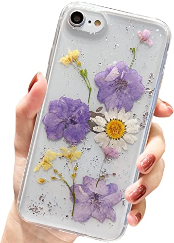 AMART für iPhone SE 2022/SE 2020/iPhone 7/8 Hülle Blumen, Durchsichtig Echte Getrocknete Blumen HandyHülle Klare Gänseblümchen Glitzer Design Weich TPU Schutzhülle für Frauen Mädchen(3 Blaue Blumen) von AMART