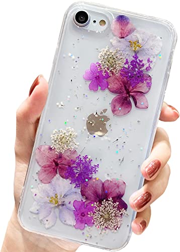 AMART für iPhone SE 3/SE 2020/iPhone7/ iPhone 8 Hülle Blumen, Durchsichtig Echte Getrocknete Blumen HandyHülle Klare Transparente Weich Silikon TPU Glitzer Schutzhülle für Mädchen (Lila Blume) von AMART