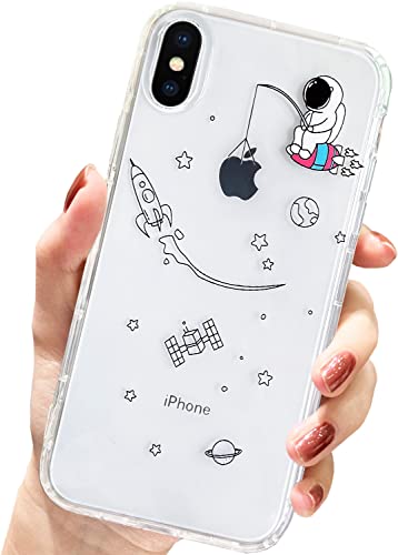 AMART für iPhone X/Xs Hülle,Durchsichtig HandyHülle mit Astronaut Planet Stern Muster Hülle Transparent Klar Ultra Dünn Weich Silikon Stoßfeste mit Motiv Schutzhülle für iPhone X/Xs(Fishing Astronaut) von AMART