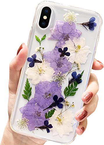 AMART für iPhone X/iPhone XS Hülle Blumen, Durchsichtig Echte Getrocknete Blumen HandyHülle Klare Aesthetic Weich Silikon Mädchen Schutzhülle für iPhone X/XS(5,4"NUR)(Navy Blumen) von AMART