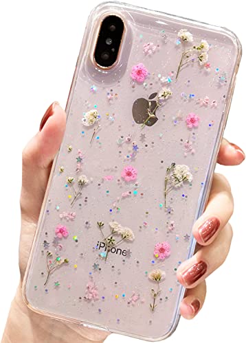 AMART für iPhone X/iPhone XS Hülle Blumen, Durchsichtig Echte Getrocknete Blumen HandyHülle Klare Glitzer Aesthetic Weich Silikon Mädchen Schutzhülle für iPhone X/XS(5,4"NUR)(Rosa Schleierkraut) von AMART