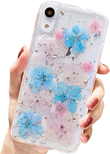 AMART für iPhone XR Hülle Blumen, Durchsichtig Echte Getrocknete Blumen HandyHülle Klare Glitzer Aesthetic Weich Silikon TPU Frauen Mädchen Schutzhülle für iPhone XR(6,1"NUR)(Hell Blau) von AMART