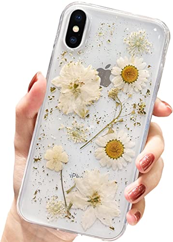 AMART für iPhone XS Max Hülle Blumen, Durchsichtig Echte Getrocknete Blumen HandyHülle Klare Glitzer Aesthetic Weich Silikon Mädchen Schutzhülle für iPhone XS Max(6,5"NUR)(Goldene Blume) von AMART