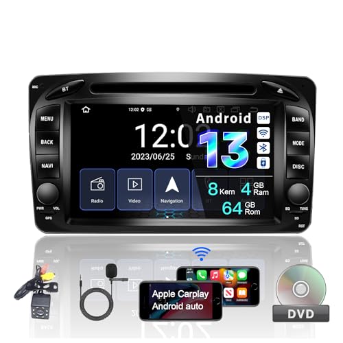 Amaseaudio Real Android 13 Autoradio, Drahtloses Carplay Android Auto, DSP+, Eingebauter DVD-Player, 2 Din Kompatibel mit Benz W168 W203 W209, 7" Touchscreen, WiFi Bluetooth 5.0/Rückfahrkamera von AMASE AUDIO