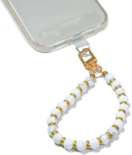 AMAYO - Naturstein Handykette Universal, Handyanhänger, Handy Perlen Schlüsselband, Handschlaufe, Armband, Handyband, kompatibel mit jedem Handy, Smartphone und Handy Hülle (Weiss Howlite) von AMAYO